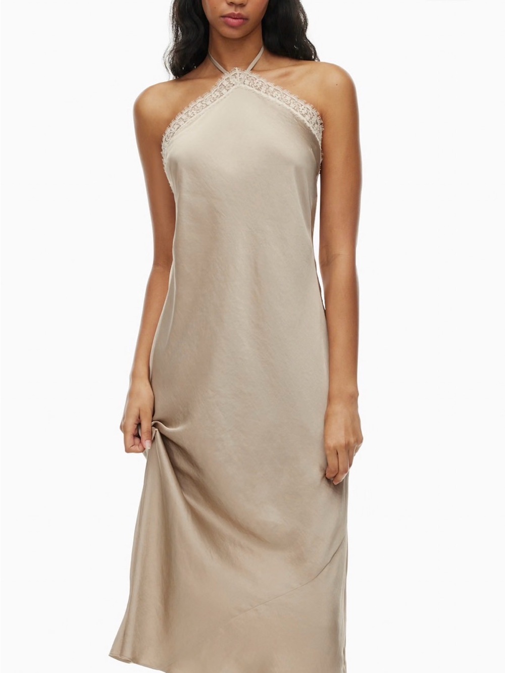Wilfred Taupe Halter Slip Midi Dress with Lace Trim